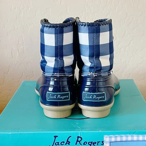 Jack Rogers Draper James 6 Chloe Midnight Blue White Gingham Check Boots Rare! - Picture 7 of 9